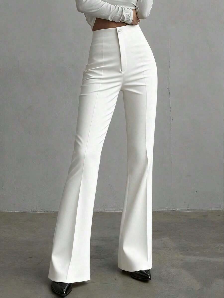 Pantalones rectos de talle alto de color negro sólido, elegantes y casuales, adecuados para uso diario, oficina, traslados, hogar, citas, pequeñas fiestas, eventos sociales ligeros en primavera - Blanco - Ver 1