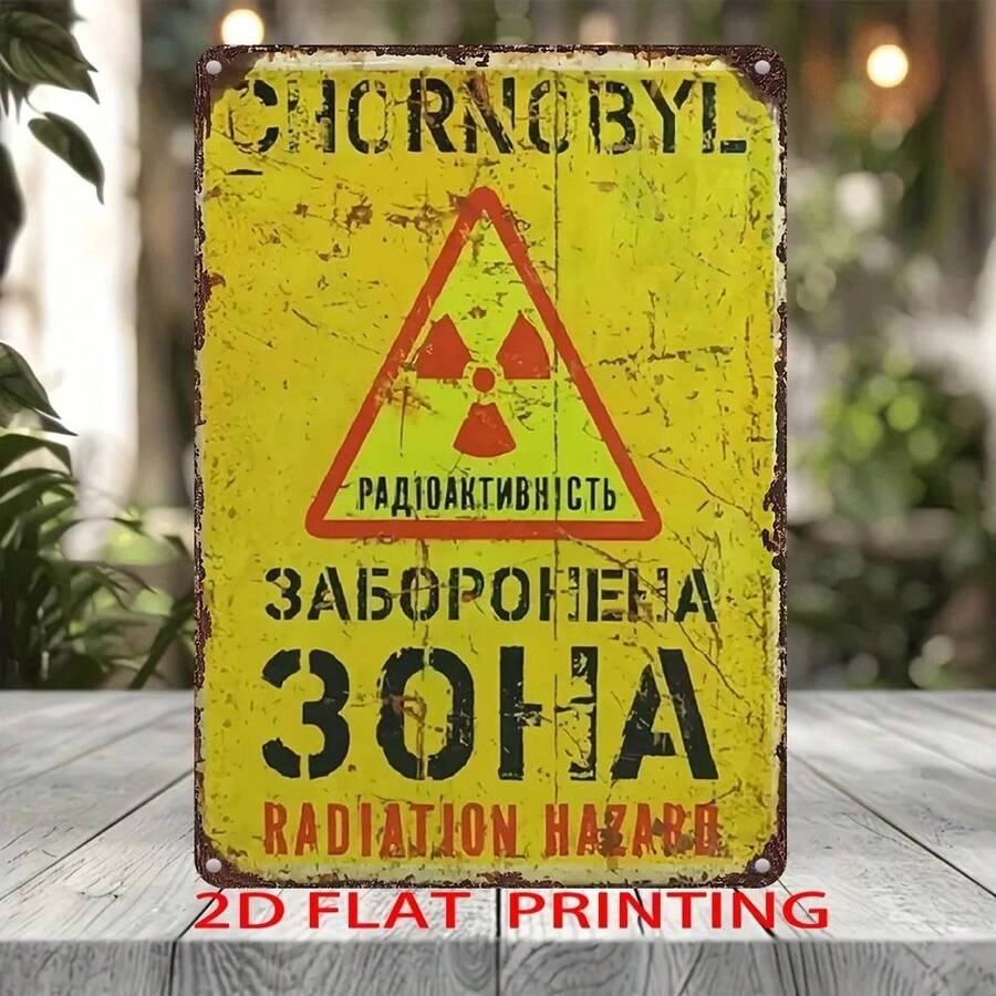 Señal de hierro vintage de peligro de radiación - Arte de pared retro con texto en inglés y ruso, placa de metal impresa con UV para el hogar, el jardín, el ba - 1 - Ver 1
