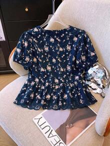 Blusa de mujer con escote en V bordada de estilo romántico francés de manga corta - Azul marino - Ver 2