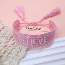 1pc Handmade Adjustable "BELIEVE" Embroidered Bracelet, Vintage Minimalist Style Inspirational Gift For Family And Friends - Baby Pink - View 6