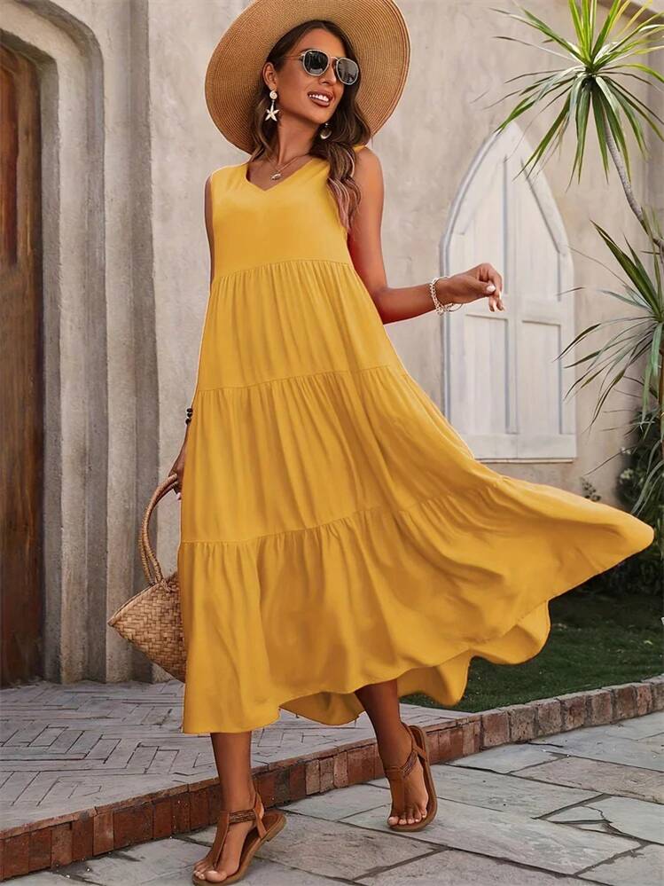Vestido de Mujer 2024, Vestidos Casuales de Verano, Vestido Elegante Amarillo y Negro para Mujer - Amarillo - Añade 1