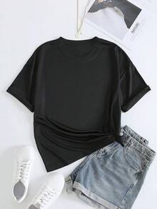 Carnival Festival Cartoon Letter Casual T-Shirt, Round Neck, Short Sleeve, Slightly Elastic Sports T-Shirt, Women's Activewear With Musical Festival Pattern, Valentine's Day Gift, Daily Wear, Free Shipping - 黑色 - 查看 2