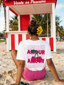 Camiseta de mujer  LUNE, camiseta de manga corta con estampado gráfico de estilo casual urbano, linda camiseta de verano para mujer, camisetas de verano para mujer, camisetas bonitas para mujer, tops para mujer, conjuntos de ropa de vacaciones para mujer, camiseta de mujer, conjuntos de verano para mujer, tops de verano para mujer, camisetas gráficas divertidas. - Blanco - Ver 6