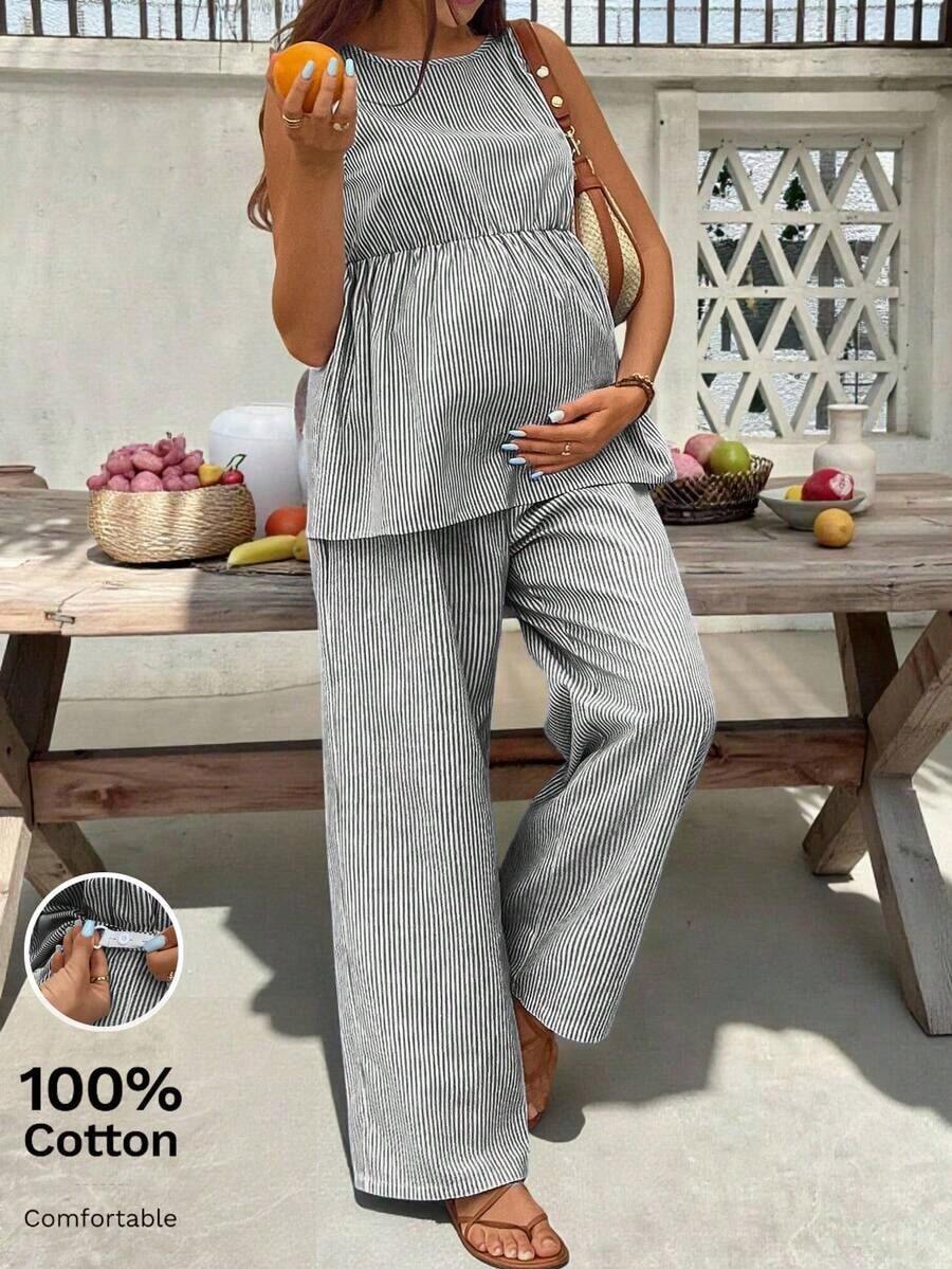 Conjunto de 2 piezas compuesto por top casual de cuello redondo sin mangas a rayas y pantalones holgados para embarazadas, ideal para el verano - Blanco y Negro - Ver 1