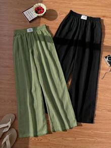 2 piezas Nuevos pantalones anchos de mujer en negro y estampado de leopardo - Verde Oliva - Ver 7