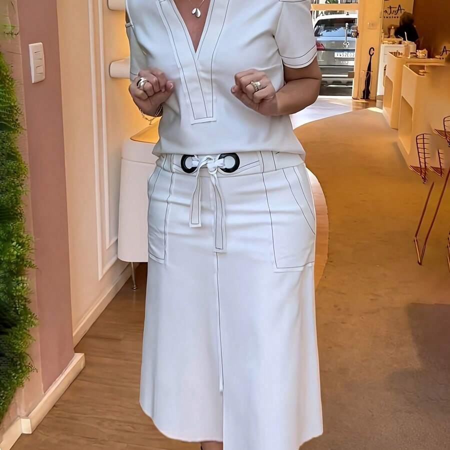 V-Neck Minimalist Shirt And Skirt Set - White - View 1