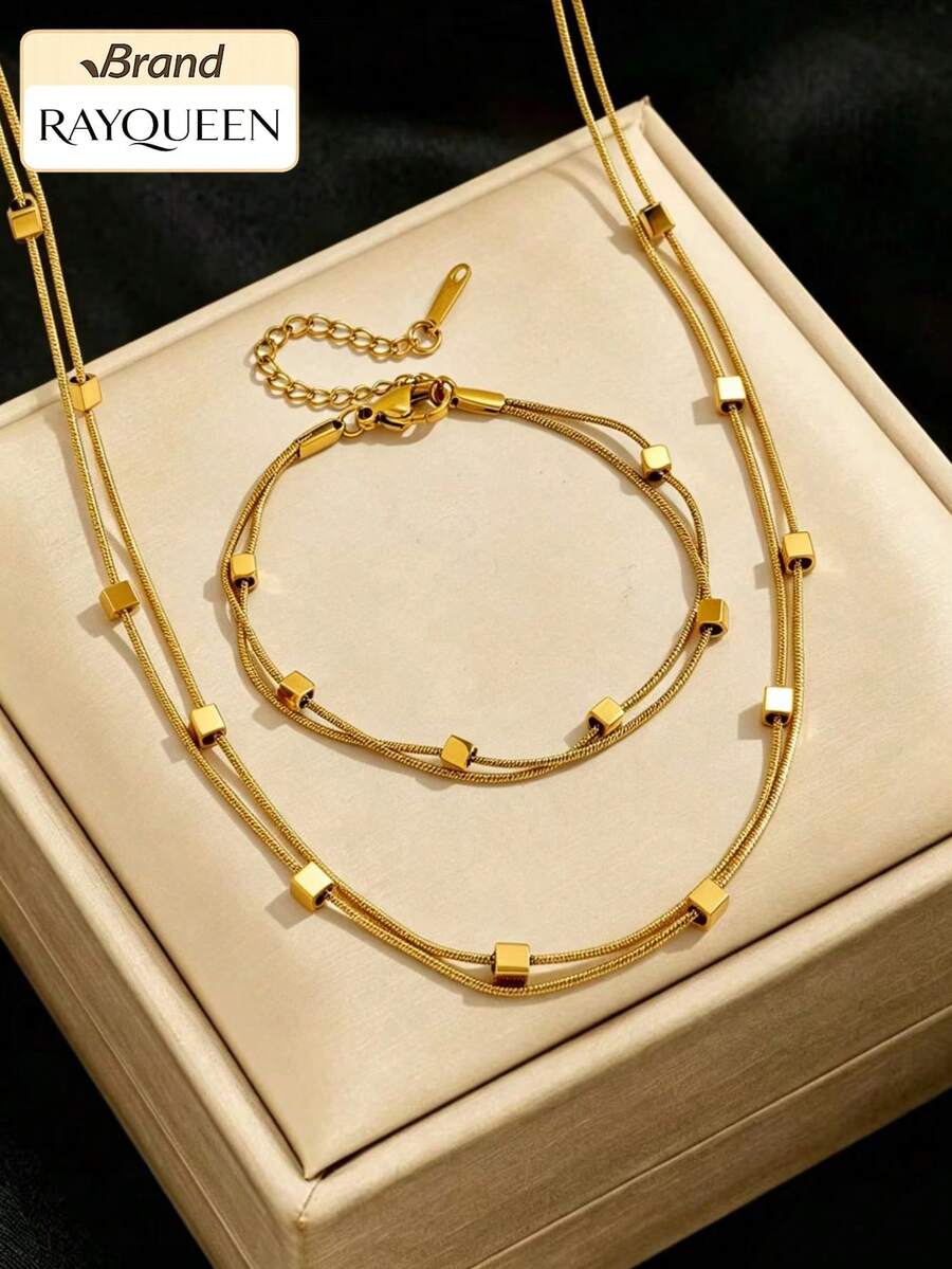 RAYQUEEN Bộ trang sức gồm 1 dây chuyền và vòng tay hai lớp hình khối lập phương bằng thép không gỉ, thích hợp để đeo hàng ngày và làm quà tặng. - Vàng - Xem 1