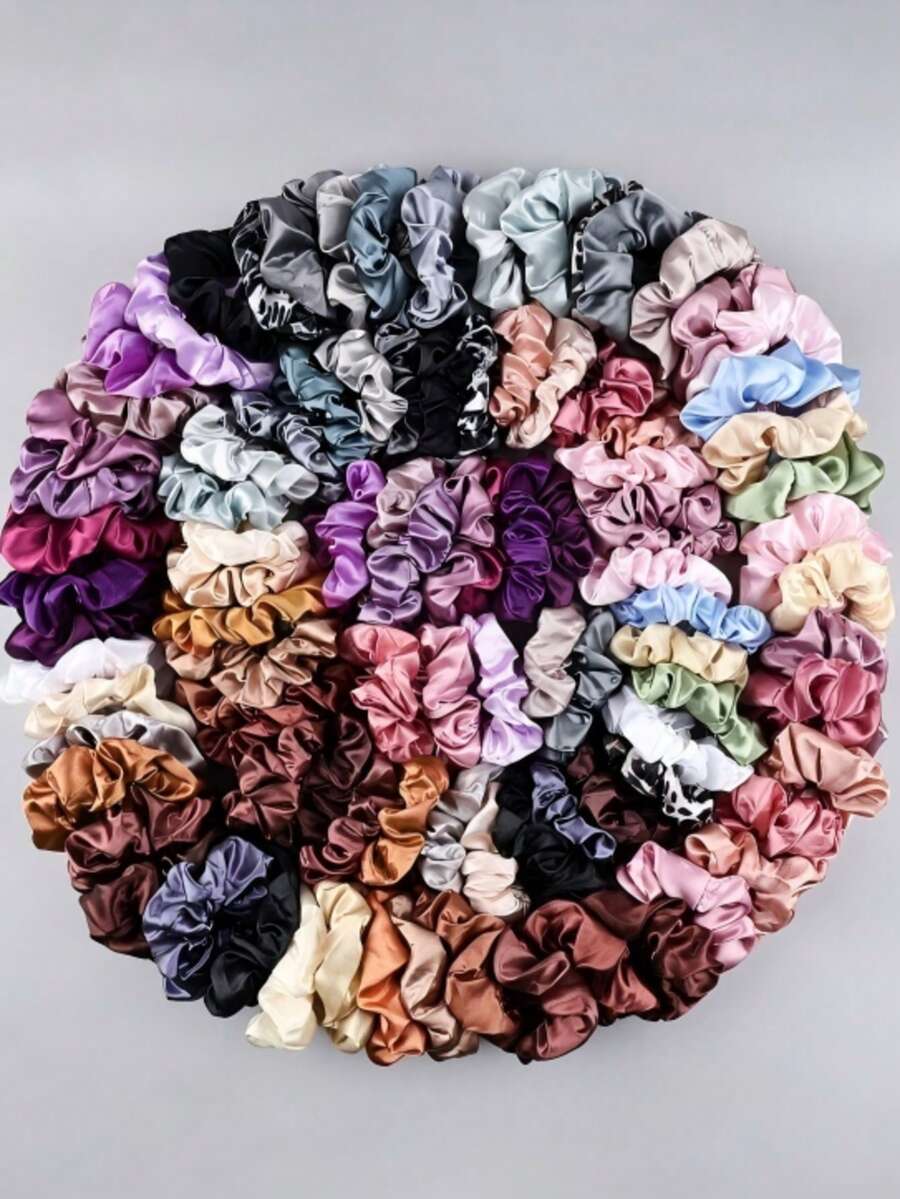 Set de 32 piezas de coleteros elásticos de seda de unicolor para mujeres, accesorios de cabello versátiles y casuales para festivales y fiestas - Multicolor - Ver 1