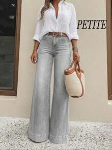 Jeans de tiro alto y pierna ancha para mujer, tela vaquera ligera y cómoda, jeans elásticos lavados, estilo largo elegante, uso casual de primavera/verano, versátil para diario/commute, moda callejera, ≥70% algodón - Gris Claro - Ver 7