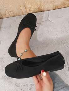 Women's Suede Bow Ballet Shoes, Square Toe Casual Slip-On Loafers - Black - View 4