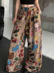 Pantalones anchos de mujer con estampado de dibujos animados, pantalones casuales sueltos de primavera - Gris - Ver 10