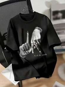 La nueva camiseta de manga corta y cuello redondo para mujer, 100% algodón, es una prenda básica ideal.Está diseñado con un corte holgado y estampados elegantes, lo que lo hace cómodo y agradable de llevar en la vida diaria. - Negro - Ver 6