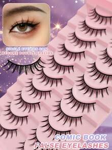 10 Pairs Cartoon Anime False Eyelashes, Natural & Realistic, Faux Mink Texture, Lightweight & Fluffy, 3D Thick, Korean/Japanese Cosplay Eyelashes, Strip Lashes - Black - View 2