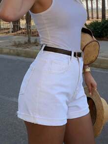 Shorts vaqueros de tiro alto lavados y remangados, de estilo minimalista y versátil, para mujer, de uso casual en verano - Blanco - Ver 2