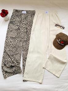 2 piezas Conjunto de pantalones anchos de mujer con rayas casuales - Multicolor - Ver 5