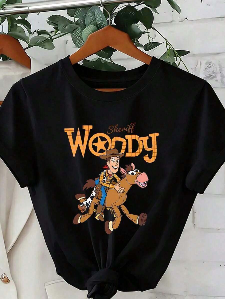 Disney Loose Fit Toy Story Woody And Red Horse "Sheriff Woody" Printed T-Shirt, Suitable For Summer And Spring, Short Sleeved Tops, Women's Clothing, Holiday Gift Party Costumes.--Disneys Disneyland Paris The Magic Kingdom Disneyesque B6Holiday Gifts Valentine's Day Gifts Earth Day Gifts Oktoberfest Gifts Summer Bank Holiday Gifts - Black - View 1