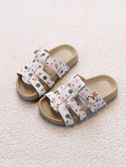 1 Pair Girls' Floral Woven Sandals With Metal Rabbit Head, Summer New Soft Non-Slip Toddler Outdoor Slippers, Versatile Beach Shoes For Infants & Toddlers