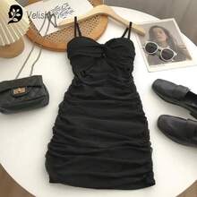 Vestido corto de verano con tirantes para mujer, minivestido Sexy con diseño fruncido para discoteca - Negro - Ver 4