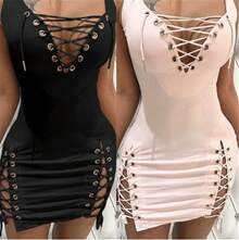 Vestidos para mujer 2025 nuevo verano Color sólido escote en V profundo Sexy ajustado ojal con cordones sin mangas Casual Mini vestido diario - Gris - Ver 5