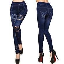 Caliente Sexy mujer Jean Skinny Jeggings pantalones mallas de cintura alta estampado femenino hasta el tobillo Legging ajustado Fitness de talla grande - Azul - Ver 2