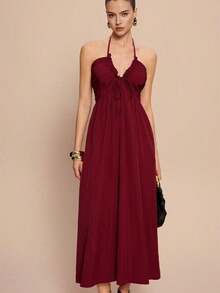Vestido línea A con escote halter, cordones y espalda descubierta - Rojo 2 - Ver 6