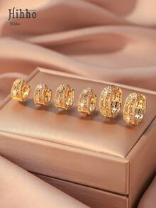 Hihho 3 Pairs Of Fashionable Gold-Tone Cubic Zirconia Hoop Earrings Set, Featuring 3 Different Styles Of Copper Plated Gold + Zirconia Earrings, Providing Layered Designs And Secure Wear, Luxurious And Accessories Suitable For Various Occasions - Yellow Gold - View 13