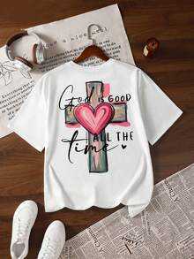 Women's Pink T-Shirt With A Cross And Heart Graphic, "God Is Always Good", Short Sleeves, Round Neck, Soft, Comfortable, Loose Casual Fit. Ideal For Church And Everyday Summer Wear. - 白色 - 查看 2