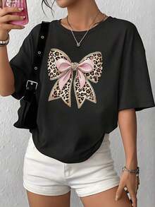 Wo Summer Casual Soft Round Neck Short Sleeve T-shirt,Lazo grande con estampado de leopardo y detalles rosados que simbolizan fuerza y elegancia femenina camiseta para mujer de tela suave 100% algodón ideal para un look modernot,Tops for Going Out,Cotton,Vintage,European and American Street Style,Sporty Casual,Unisex Style,Urban Casual Style,Nice Tops,G - Negro - Ver 1