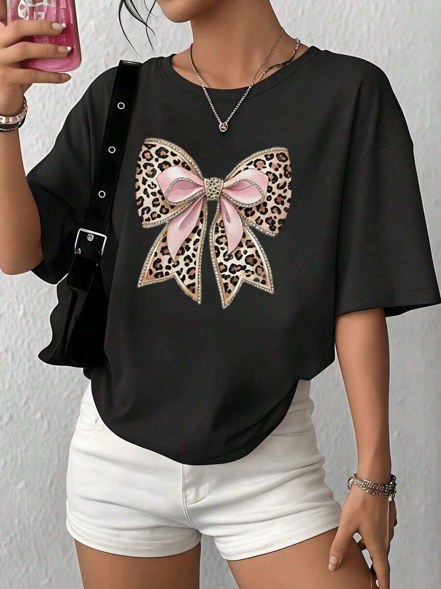 Wo Summer Casual Soft Round Neck Short Sleeve T-shirt,Lazo grande con estampado de leopardo y detalles rosados que simbolizan fuerza y elegancia femenina camiseta para mujer de tela suave 100% algodón ideal para un look modernot,Tops for Going Out,Cotton,Vintage,European and American Street Style,Sporty Casual,Unisex Style,Urban Casual Style,Nice Tops,G - Negro - Ver 1