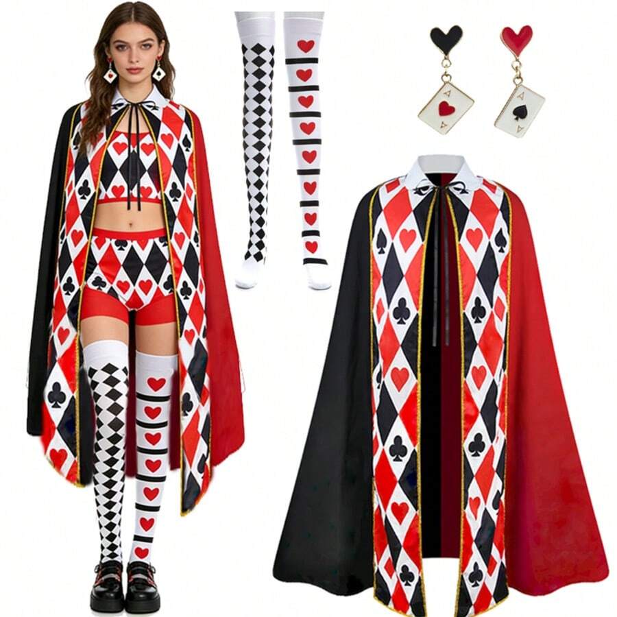 Red Heart Cloak Set, Including Spade K Playing Card Cloak, Socks, Earrings, Suitable For Halloween, Stage Performance, Gala, Retro Party And Other Occasions - Multicolor - View 1