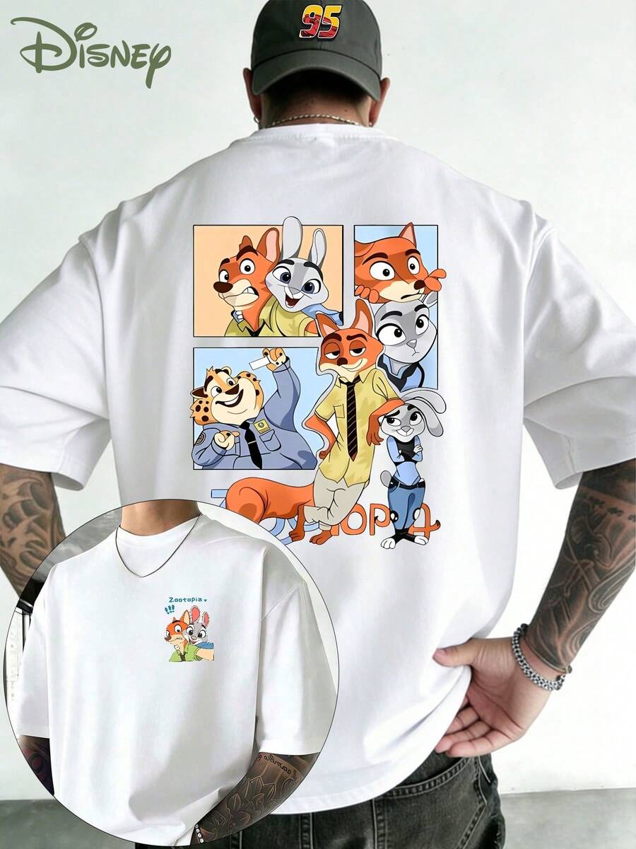 Disney Zootopia Nick And Judy Cartoon T-Shirt With Double-Sided Print. This Short-Sleeved Men's Summer Shirt, Made From High-Quality, 100% Pure Cotton, Is Relaxed, Breathable, And Versatile. Suitable For Both Men And Women, It's Perfect For Trips To Disneyland, Couples, Everyday Wear, Street Style, And Holidays. The Ideal Gift For Disney Fans. Machine Washable. - trắng - Xem 1