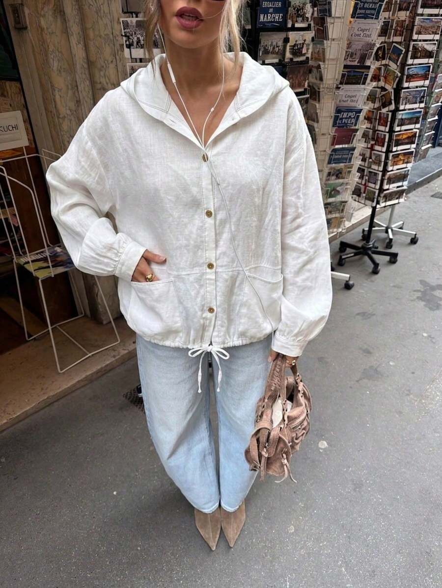 Casual Loose Hooded Long Sleeve Solid Color Drawstring Women's Regular Jacket, Suitable For Daily, School, And Dates In Spring And Autumn