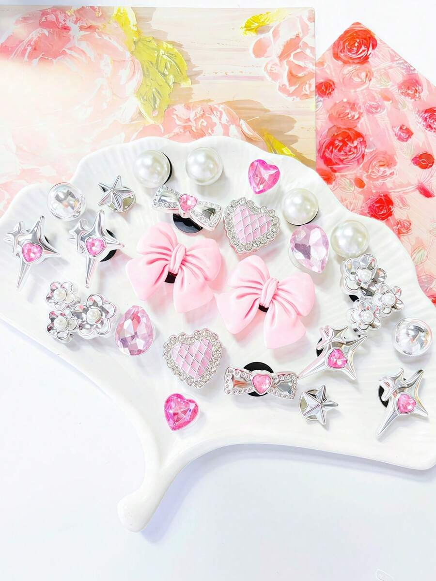 24 chiếc nơ, trái tim, hoa màu bạc và hồng, chất liệu ABS, phụ kiện trang trí DIY đa năng cho dép xăng đan, dép lê, túi đi biển của nữ, thích hợp làm quà tặng ngày lễ và sinh nhật. - Bạc hồng - Xem 1