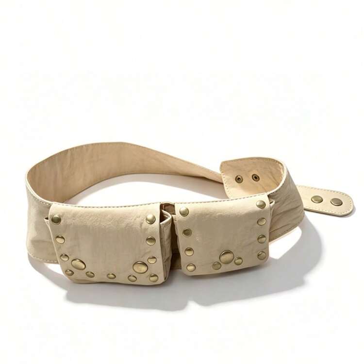 Rivet Decorated Wide Waist Belt, Retro Punk Cargo Pocket Waist Strap For Women - A - View 4