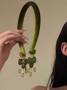 1 pieza Diadema con borlas verde oliva retro, clip para el cabello estilo chino nuevo, aretes de imitación para mujer, accesorios para el cabello elegantes - Multicolor - Ver 1