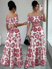 de moda con estampado floral, hombros descubiertos, manga corta y cintura hueca - Rojo y blanco - Ver 1