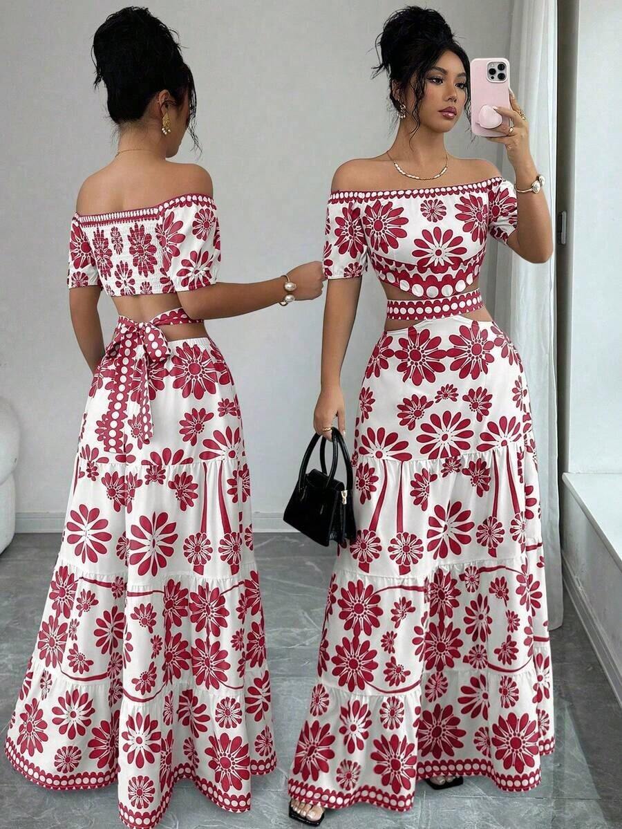 de moda con estampado floral, hombros descubiertos, manga corta y cintura hueca - Rojo y blanco - Ver 1