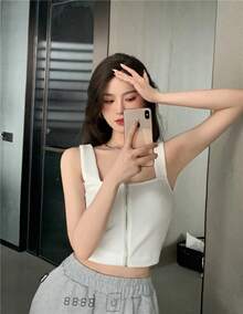 2025 Y2K Top mujeres cremallera mosca camisolas tejidas Sexy verano camisetas sin mangas mujer Top corto sólido - BLANCO - Ver 2