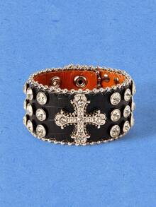 Popjeli Fantastic Rivet Cross Leather Bangles Hip Hop Punk Rock Wide Bracelet Nightclub DJ Singer Stage Costume Cosplay - Multicolor - View 7