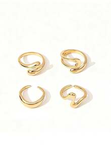 Set Cincin Terbuka Bentuk Tetesan Cairan Asimetris Vintage 4 Buah, Cocok untuk Sehari-hari, Pesta Malam, Hadiah untuk Pacar, Teman, Hari Valentine - Yellow Gold - View 3