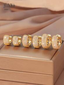 Hihho 3 Pairs Of Fashionable Gold-Tone Cubic Zirconia Hoop Earrings Set, Featuring 3 Different Styles Of Copper Plated Gold + Zirconia Earrings, Providing Layered Designs And Secure Wear, Luxurious And Accessories Suitable For Various Occasions - Yellow Gold - View 4