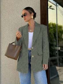 Chaqueta casual de mujer con solapa con muesca y botones, elegante y de moda, adecuada para ir al trabajo y uso casual diario en primavera - Verde Oliva - Ver 3