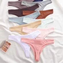 Set Of 5 Comfortable Women's Thong Panties In Ribbed, Highly Stretchy Knit Fabric. - Multicolor - View 3