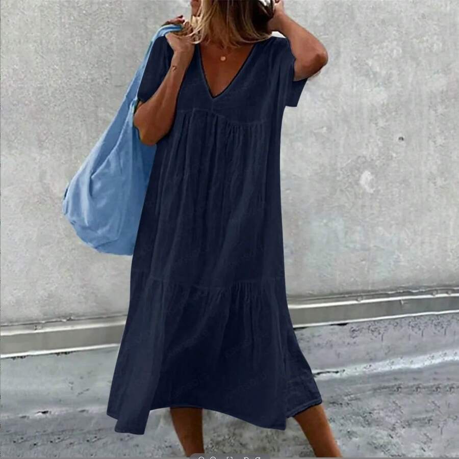 2025 nueva falda larga de mujer de algodón de lino de manga corta cuello redondo suelto Color sólido moda Simple vestido rosa de vacaciones - Azul oscuro - Ver 1