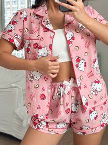 Bộ đồ ngủ 2 món in hình Hello Kitty của Sanrio dành cho nữ, áo tay ngắn cổ chữ V và quần dài thắt nơ, thích hợp cho mùa hè. - Màu Hồng  San hô - Xem 7