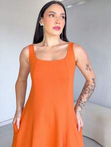 Long, Flared Dress, 100% Cotton, With Pocket And Slit. - Terracotta - View 6