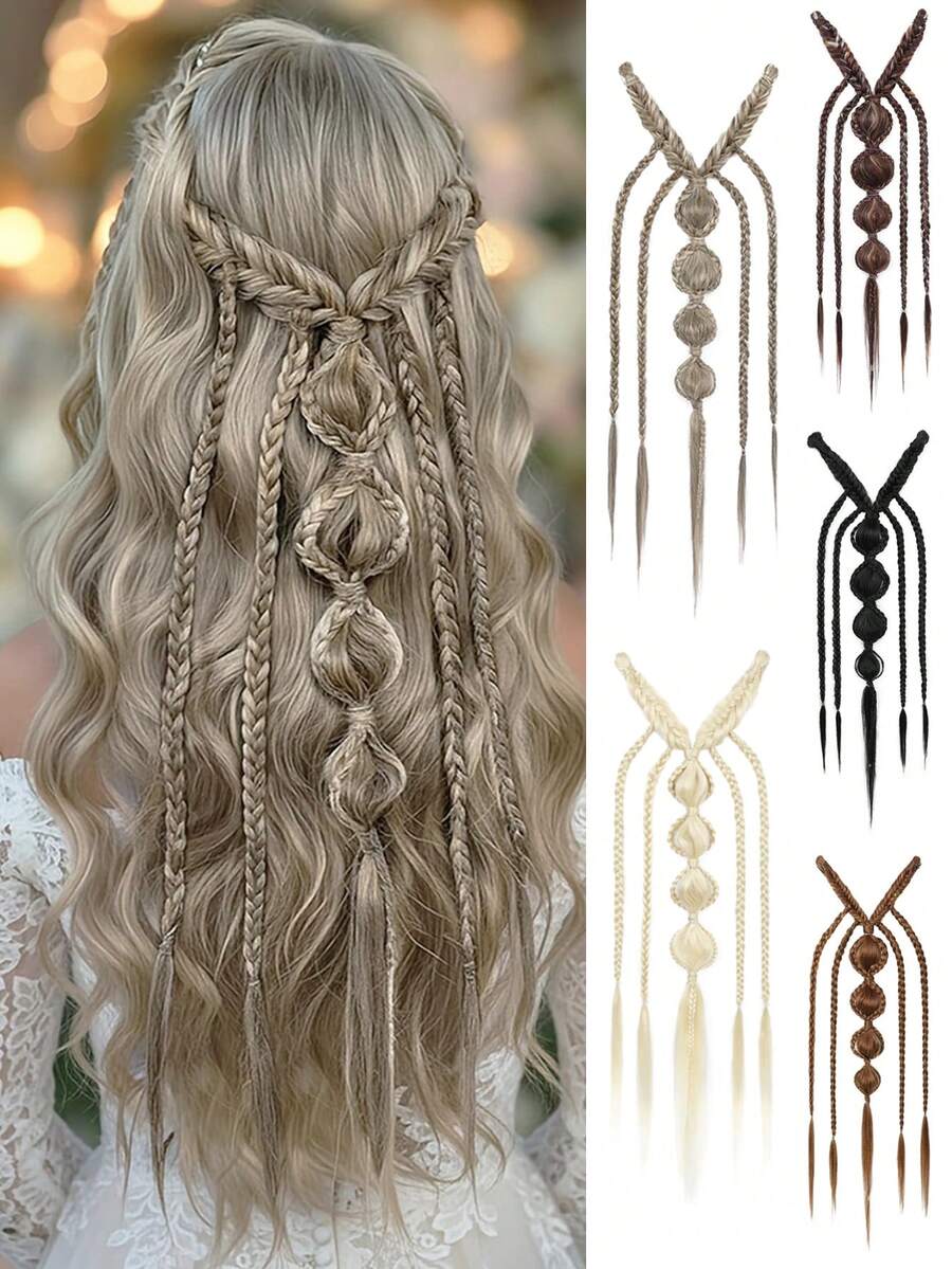 Braided Hair Extensions For Women, Boho Hair Accessories With Beaded Bubble Braids And Long Strands, Clip-In Hair Extensions For Weddings, Parties, Festivals, Cosplay & Daily Hairstyles, Halloween - Multicolor - View 1