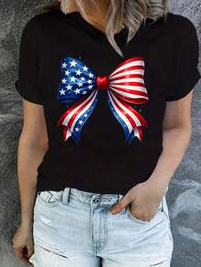 Unisex-T-shirt tillverkad av ren bomull, kortärmad T-shirt för kvinnor med en avslappnad rund halsringning och patriotiskt bandflaggtryck (amerikansk flagga och stjärn-/bandmönster) - Perfekt för självständighetsdagen, Juneteenth, sommar-T-shirts, blusar, enkla toppar, toppar, kreativ design, utomhuslek, cool stil, rolig design, perfekt för utomhuslek - Svart - Visa 6
