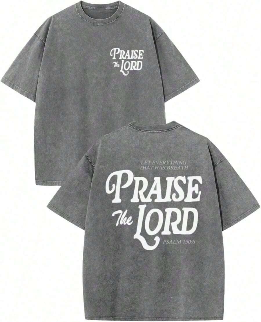 Unisex T-Shirt, 100% Cotton, Graphic Jesus Christian Bible Verse Praise The Lord, Acid Wash, Oversized, Everyday Wear, Men's Clothing, Blouses, Men's T-Shirts, National Shipping - 深灰色 - 查看 1