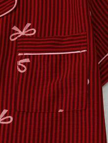 2pcs Comfortable Striped Bow Print Short Sleeve Top And Bow Tie Pants Women Pajama Set, Loungewear - Red - View 5